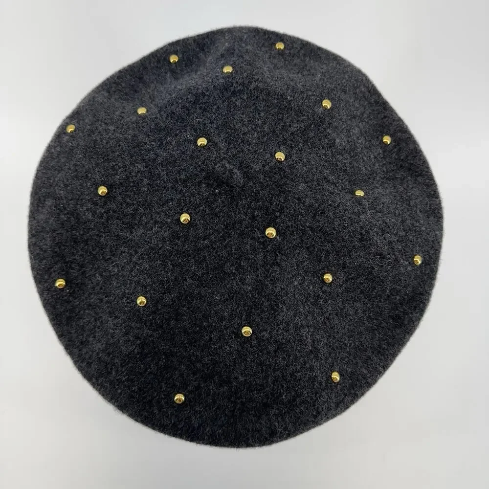Vintage Beret Grey Wool PRT Ultrabasque Made in Czechoslovakia Gold Studded - Picture 6 of 8
